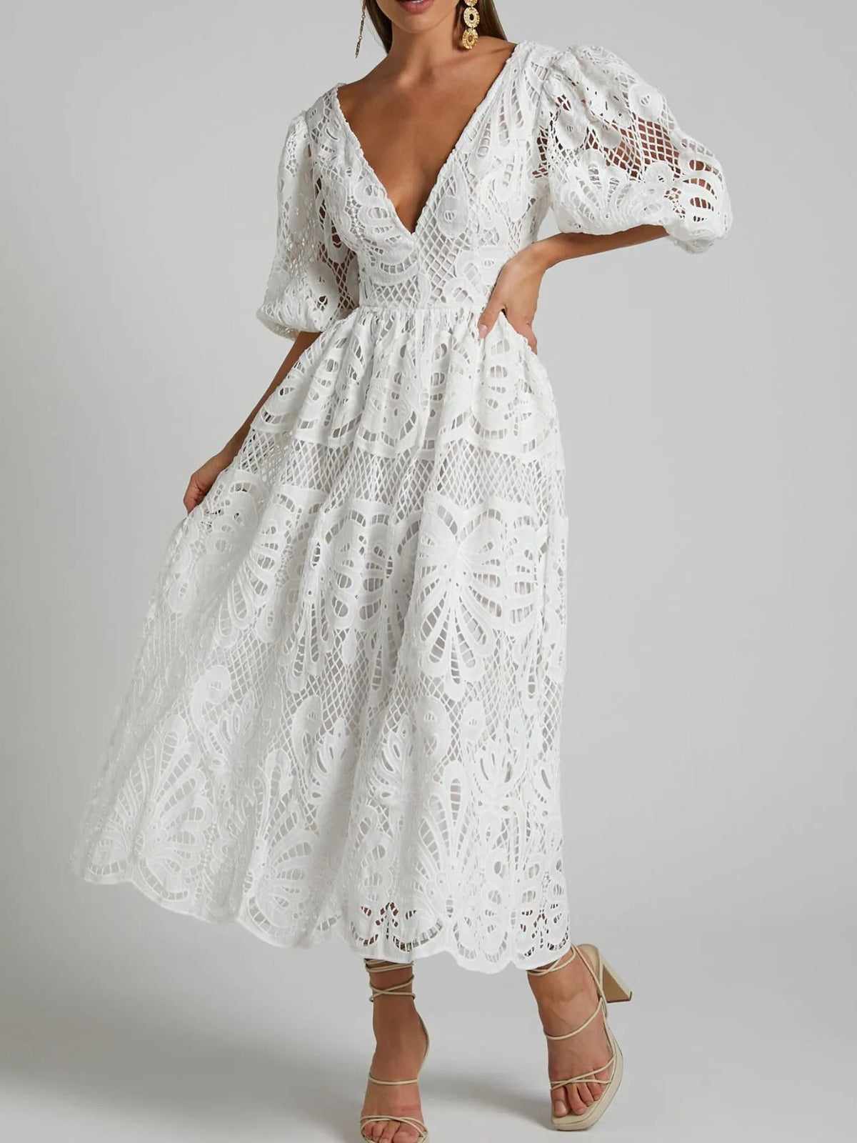 Guipure Lace Puff Sleeve Deep V-Neck Side Cutout Midi Dress