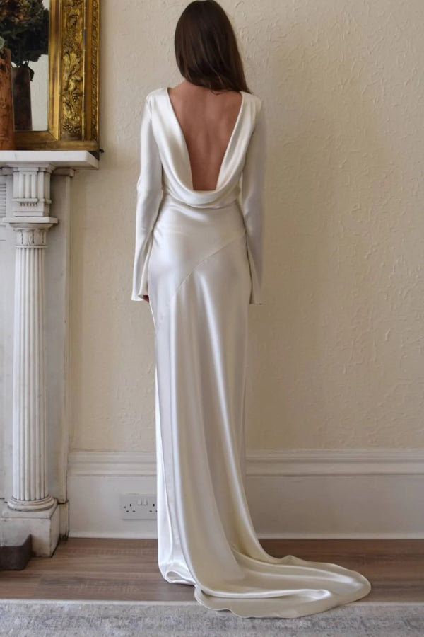 Satin Cowl Back Bell Sleeve Bias Cut Floor Length Gown