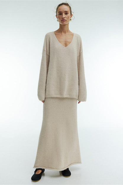 Loose Fuzzy Knit Sweater Maxi Skirt Set