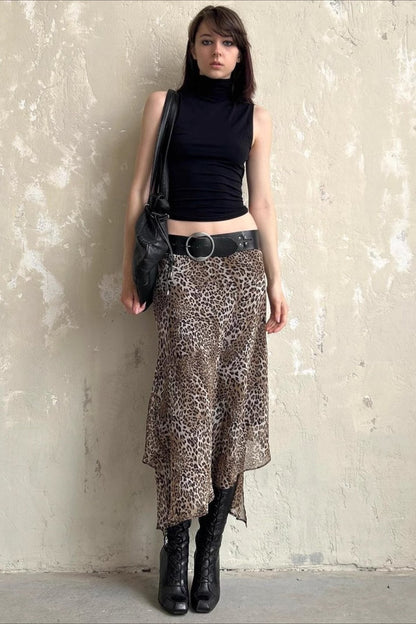 Leopard Print Sheer Mesh High Waist Skirt