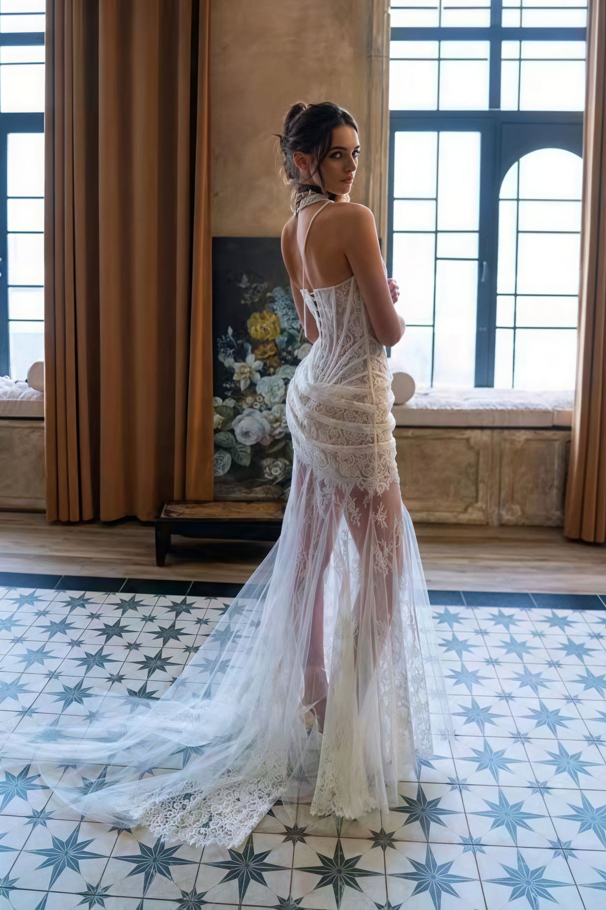 Lace Boned Bandeau High Slit Asymmetrical Reception Dress