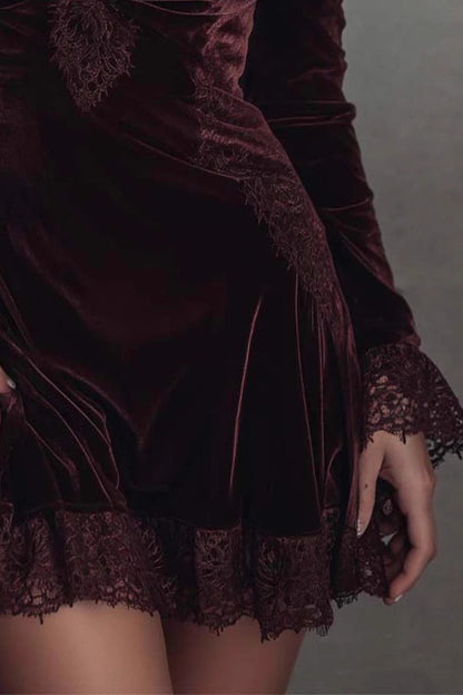 Red Velvet Lace Trim Mini Dress