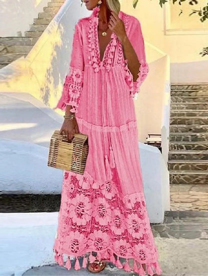 V Neck Tassel Tie Bell Lace Cuff Fringe Hem Maxi Dress