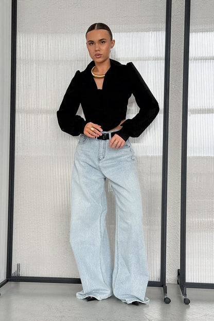 Fitted Cotton Blend Long Sleeve Blouse