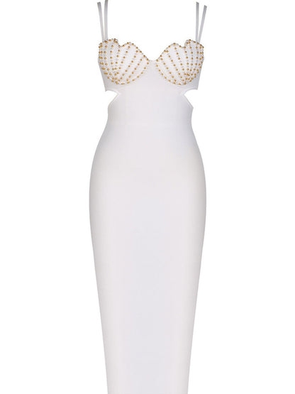 Double Strap Shell Pearl Embellished Cup Side Cutout Bandage Midi Dress