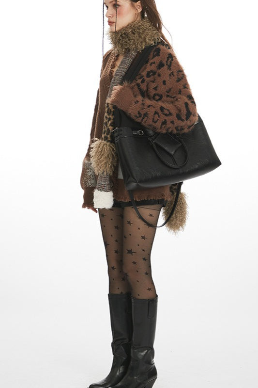 Leopard Print Patchwork V Neck Chic Knit Cardigan