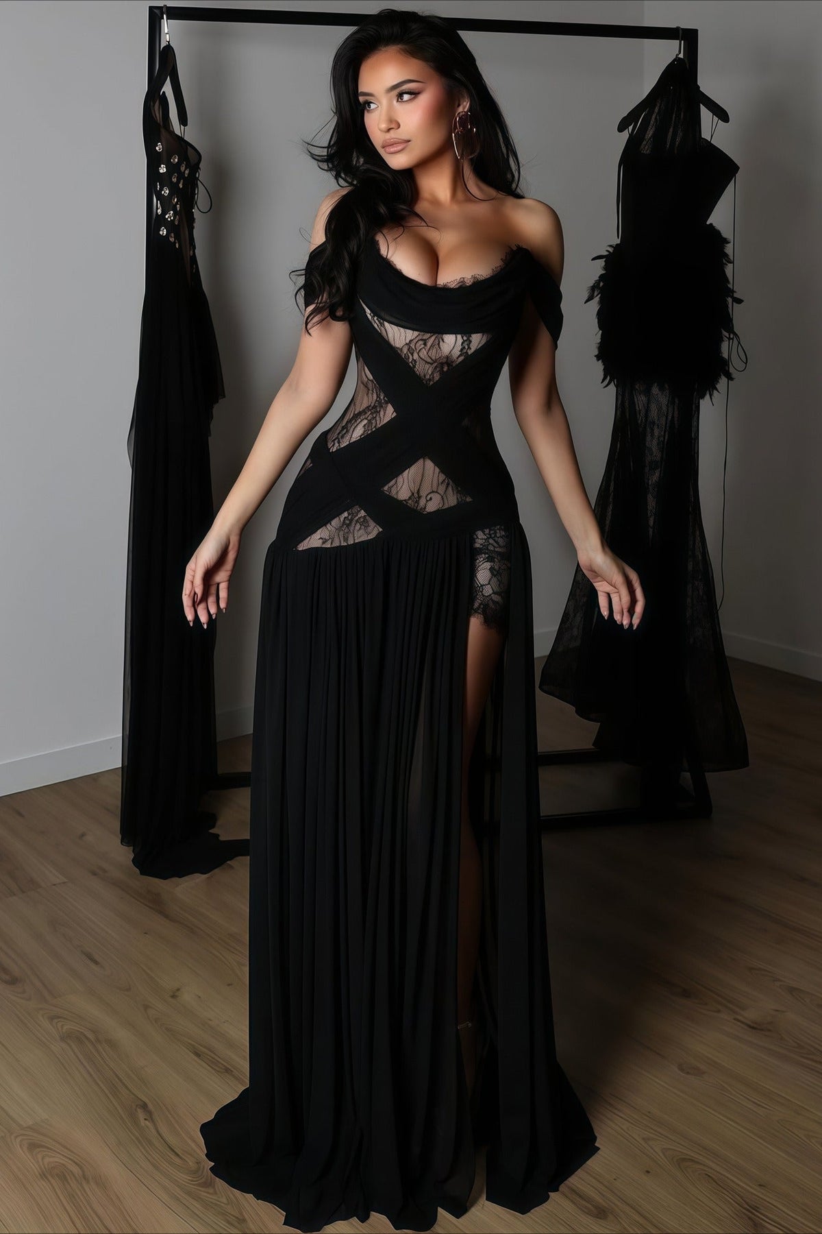 Sexy Lace Patchwork Cutout Sheer Slit Maxi Dress