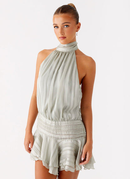 Halter Mock Neck Stripe Ruched Waist Ruffle Hem Mini Dress