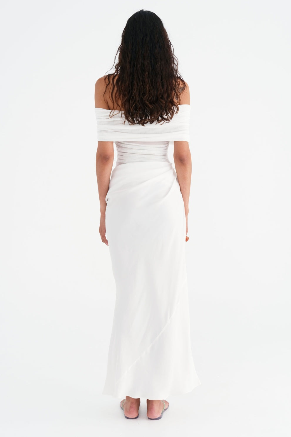 Off Shoulder Ruched Draped Mesh Panel Asymmetric Maxi Gown
