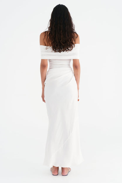 Off Shoulder Ruched Draped Mesh Panel Asymmetric Maxi Gown