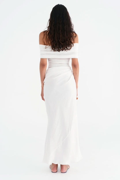 Off Shoulder Sheer Ruched Panel Draped Waist Maxi Gown