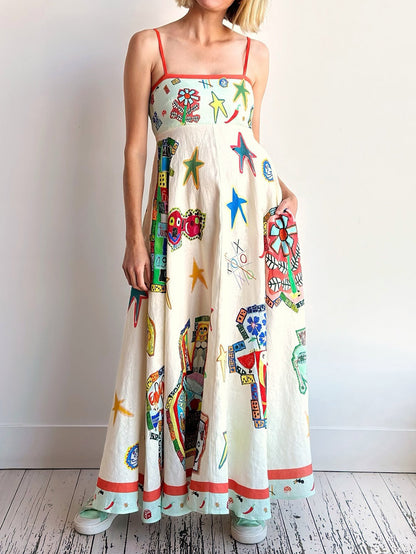 Spaghetti Strap Empire Waist Doodle Print Pocket A-Line Maxi Dress