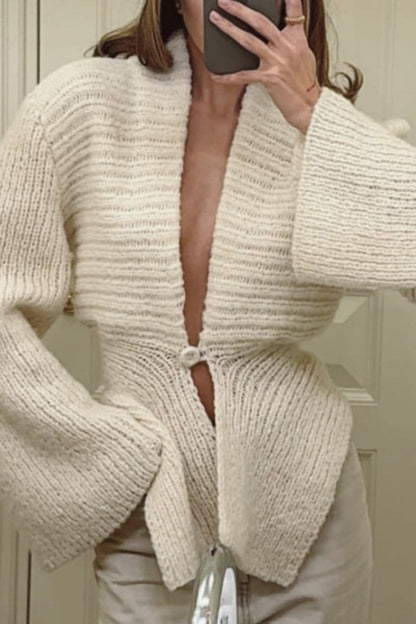 Solid Retro V Neck Asymmetric Hem Knit Cardigan