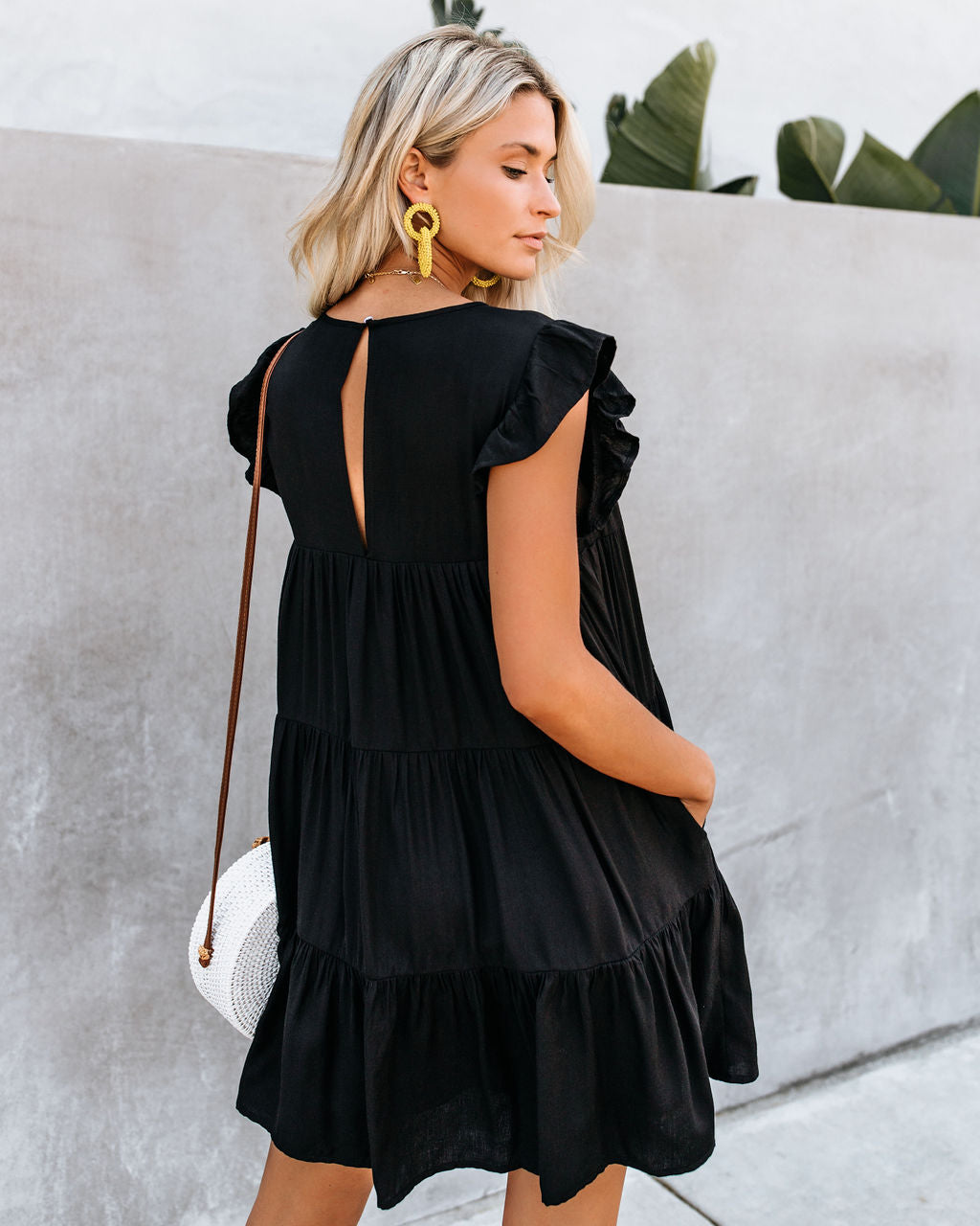 Crew Neck Ruffle Armhole Tiered Pocket Babydoll Mini Dress