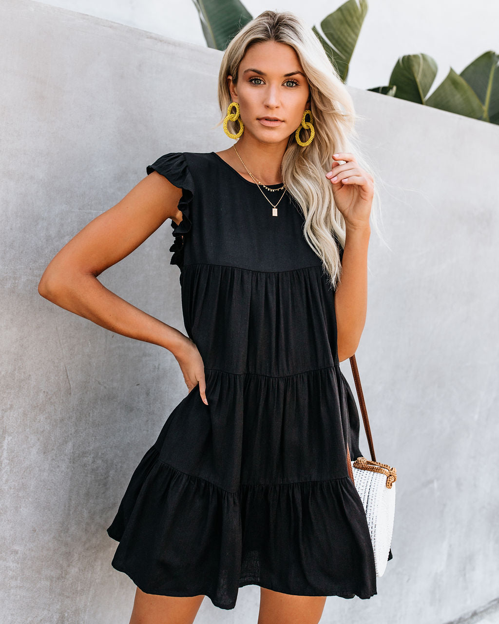 Crew Neck Ruffle Armhole Tiered Pocket Babydoll Mini Dress