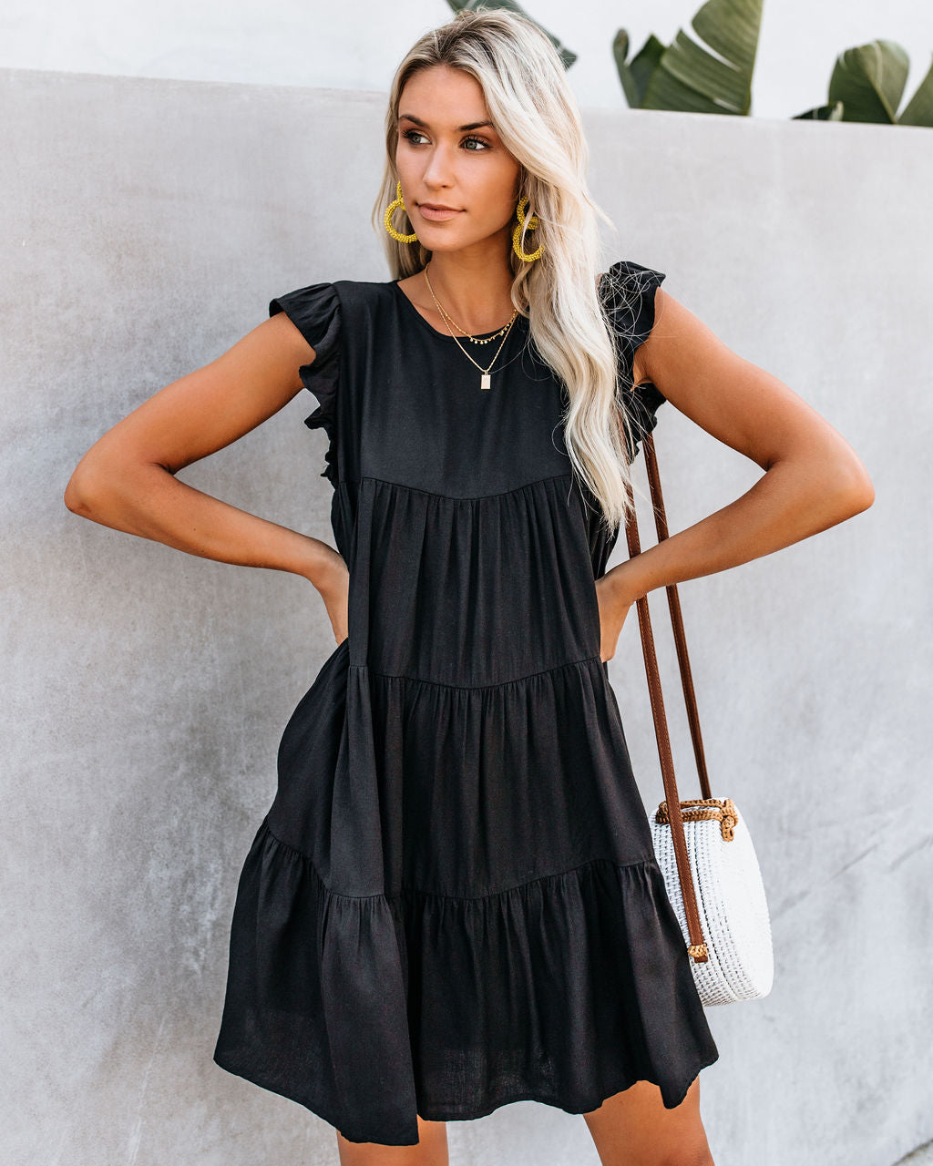 Crew Neck Ruffle Armhole Tiered Pocket Babydoll Mini Dress