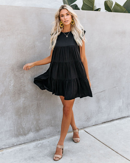 Crew Neck Ruffle Armhole Tiered Pocket Babydoll Mini Dress