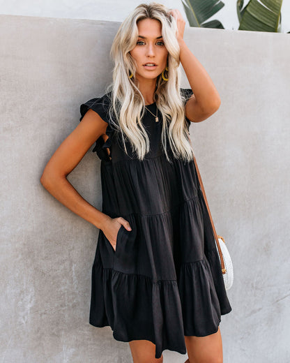 Crew Neck Ruffle Armhole Tiered Pocket Babydoll Mini Dress