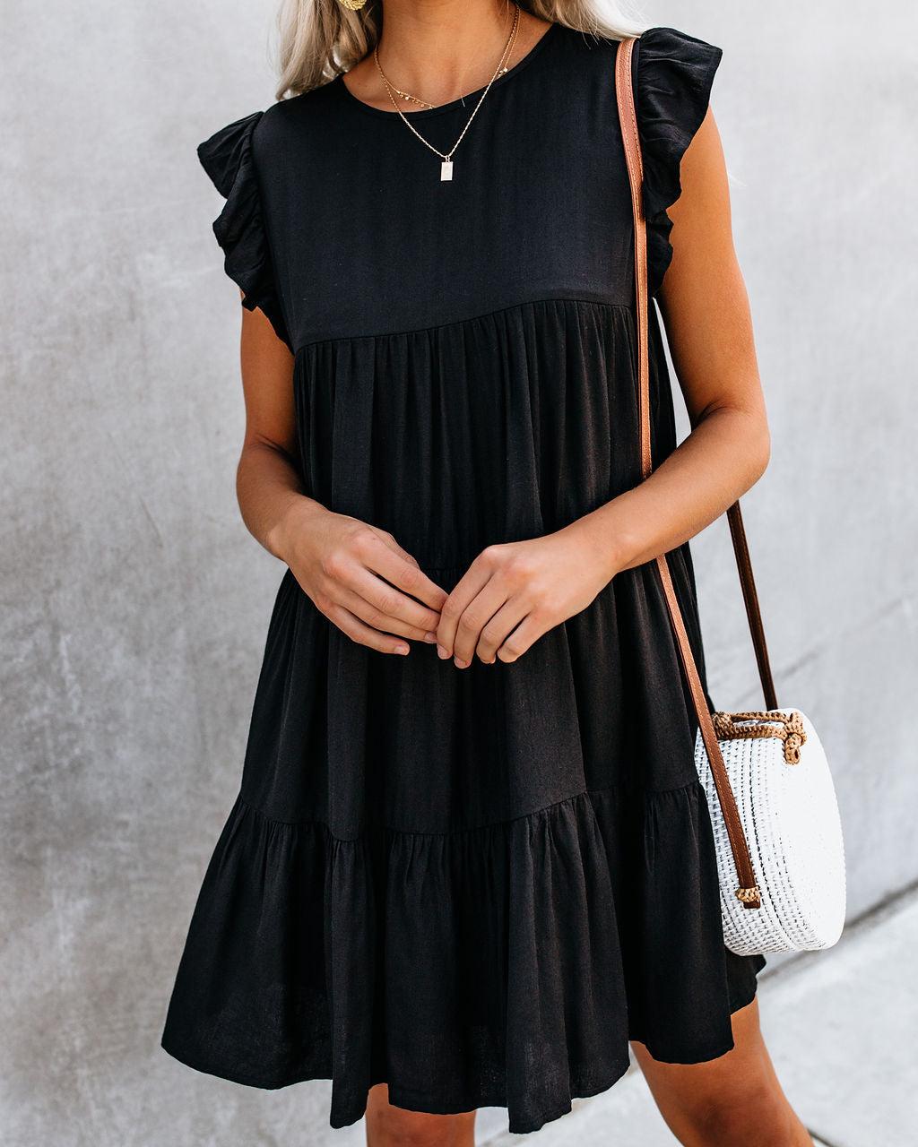 Crew Neck Ruffle Armhole Tiered Pocket Babydoll Mini Dress