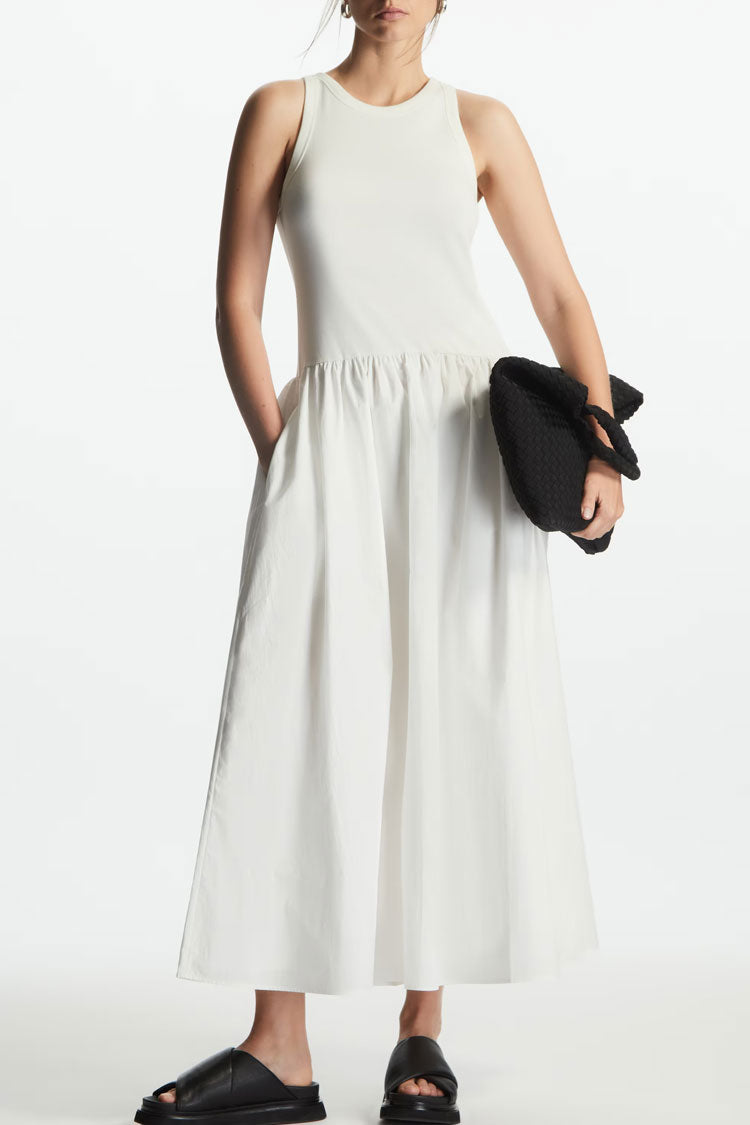 Ribbed Tank Bodice Gathered Woven Pocket Maxi Dress