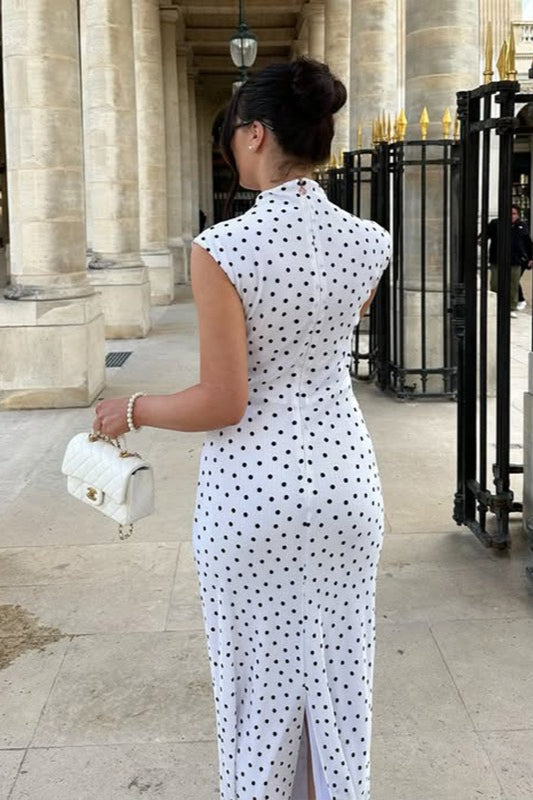 White Polka Dot Round Neck Maxi Dress