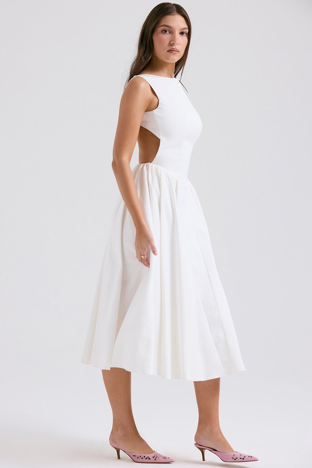 Boat Neck Drop Waist Pleated Backless Midi Dress