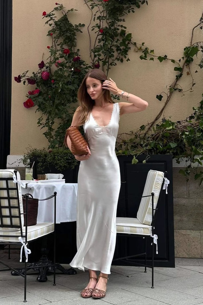 Lace Cutout White Halter V-Neck Mermaid Silk Dress