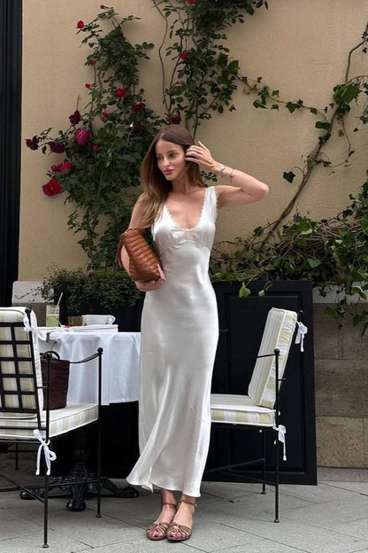 Lace Cutout White Halter V-Neck Mermaid Silk Dress