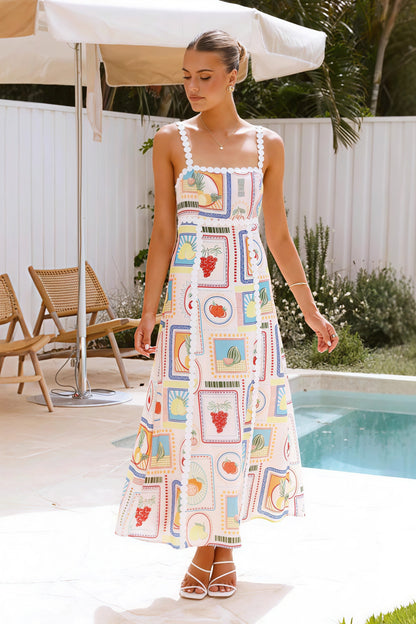 Red Square Neck Pom Trim Fruit Stamp Print Midi Dress