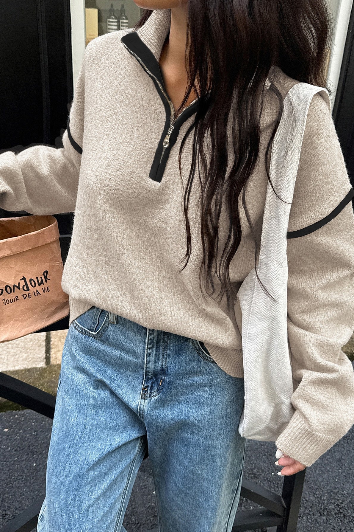 Casual Zip Front Long Sleeve Sweater