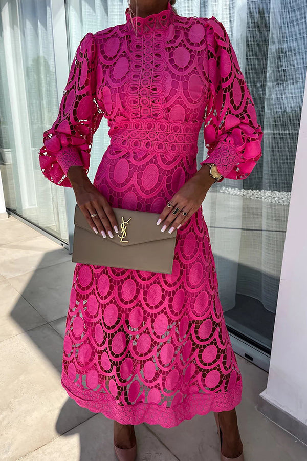 Mock Neck Lace Long Sleeve Waistband Midi Dress