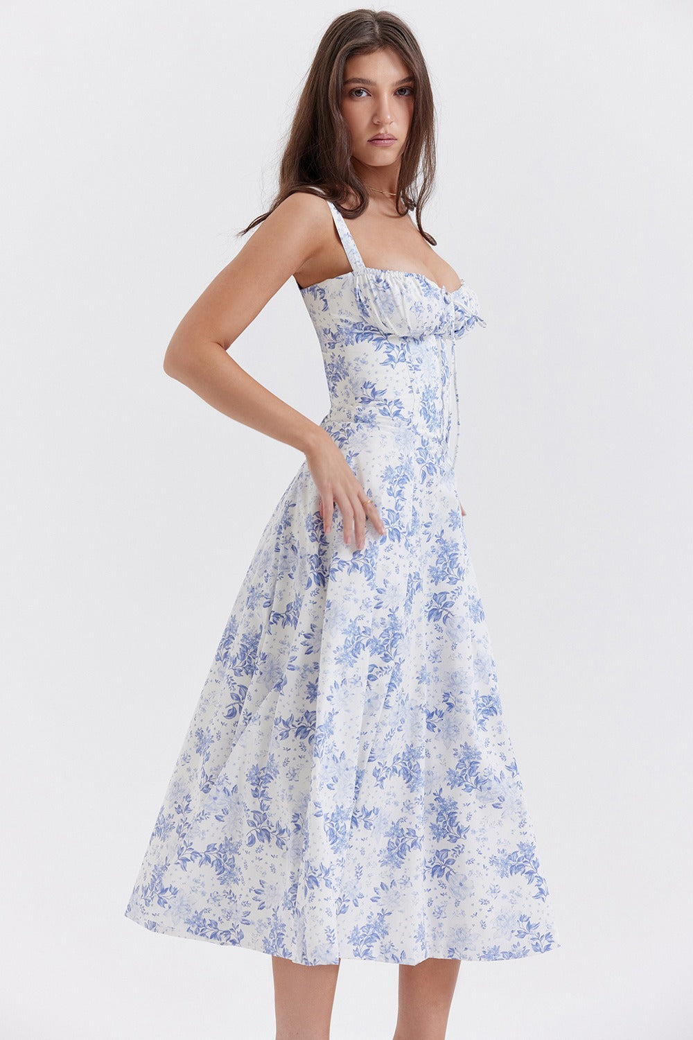 Floral Print Sweetheart Corset Bodice Wide Strap Fit and Flare Midi Dress
