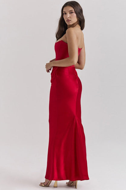 Strapless Corset Boned Ruched Satin Column Maxi Dress