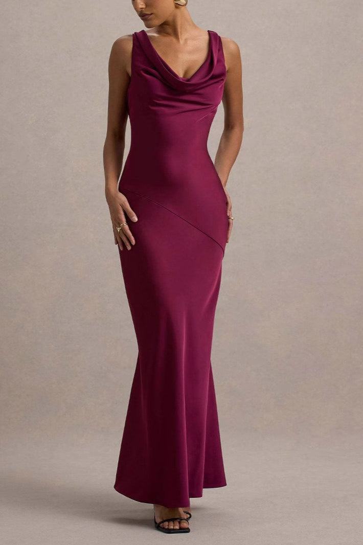 Satin Cowl Neck Sleeveless Column Seam Maxi Gown