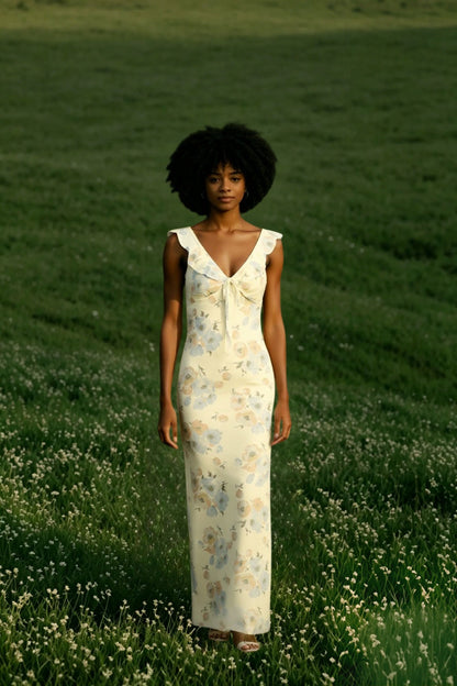 Ruffle Strap Tie Front Floral Print Maxi Dress