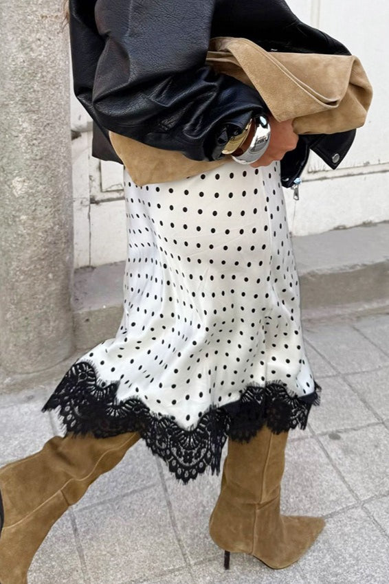 Polka-Dot Lace-Hem Midi Skirt