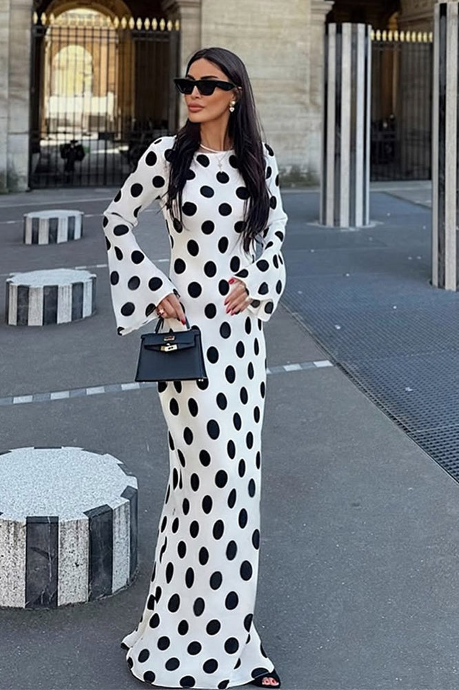 Polka Dot Bell Sleeve Crew Neck Bodycon Maxi Dress