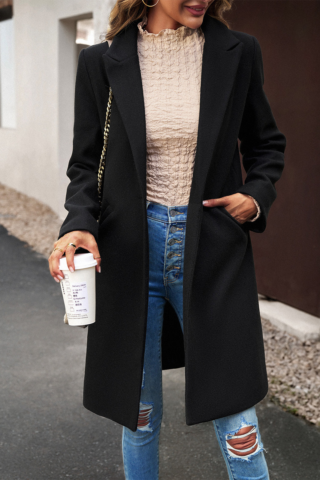 Wool Blend Solid Longline Coat
