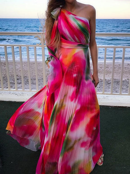 One Shoulder Bow Strap Abstract Watercolor Pleated Maxi Gown