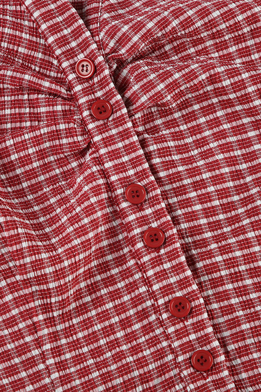 Vintage Red Plaid Polo Collar Button-Down Cropped Blouse