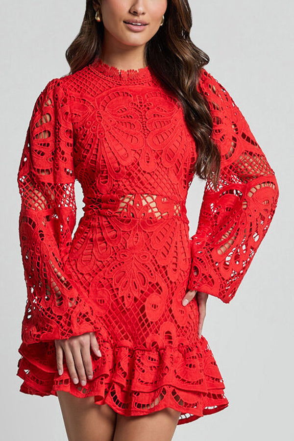 Mock Neck Ruffle Trim Guipure Lace Tiered Mini Dress