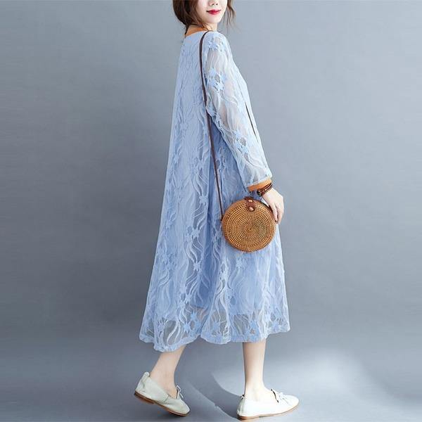 Round Neck Floral Lace Overlay Babydoll Waist Long Sleeve Midi Dress