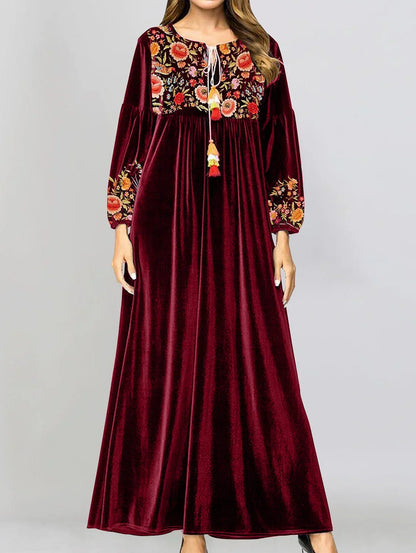 Round Neck Tassel Tie Floral Embroidery Gathered Velvet Maxi Dress
