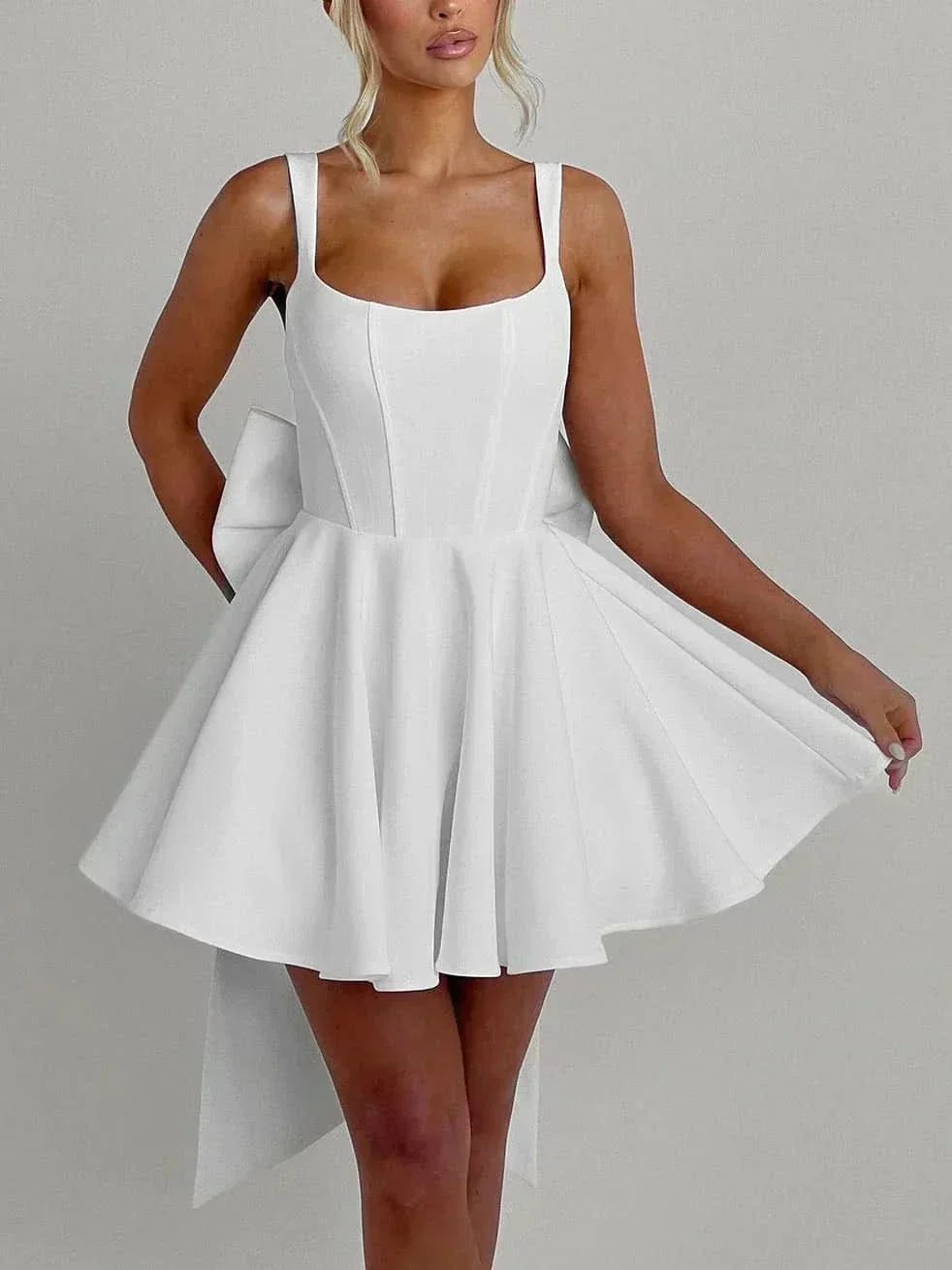 Square Neck Box Pleat Back Oversized Bow Tail Mini Dress