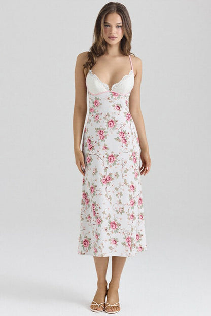 Pink Spaghetti Strap Deep V Lace Cup Floral Print Bodycon Maxi Dress