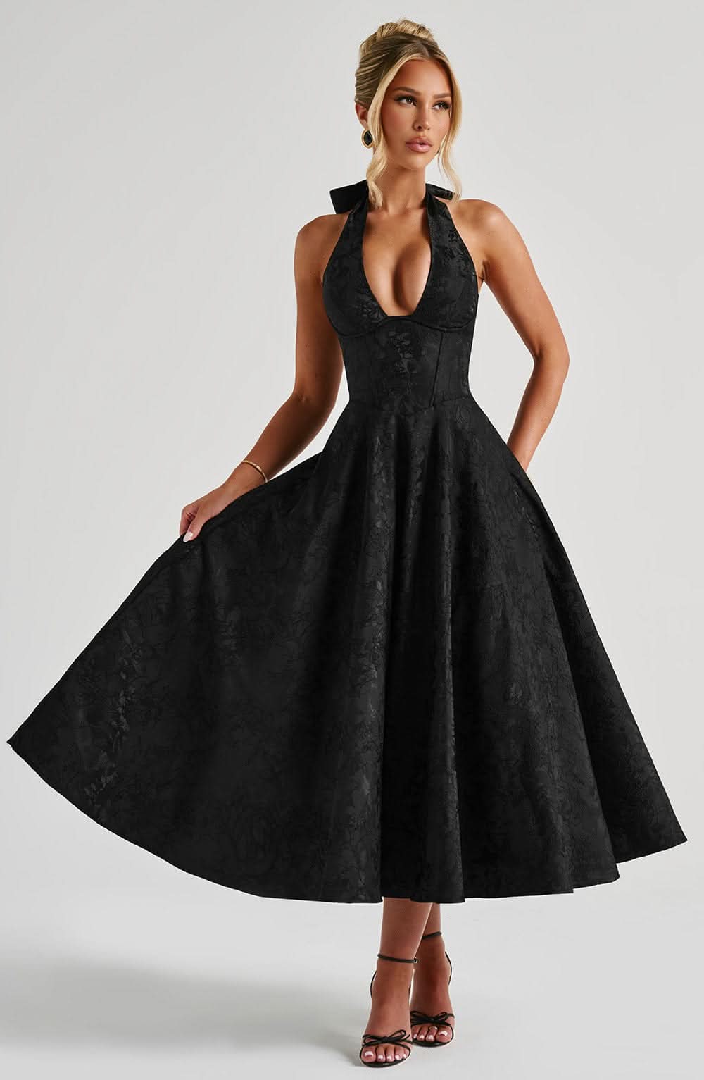 Jacquard Floral Halter Plunging V Corset Bodice Fit and Flare Midi Dress