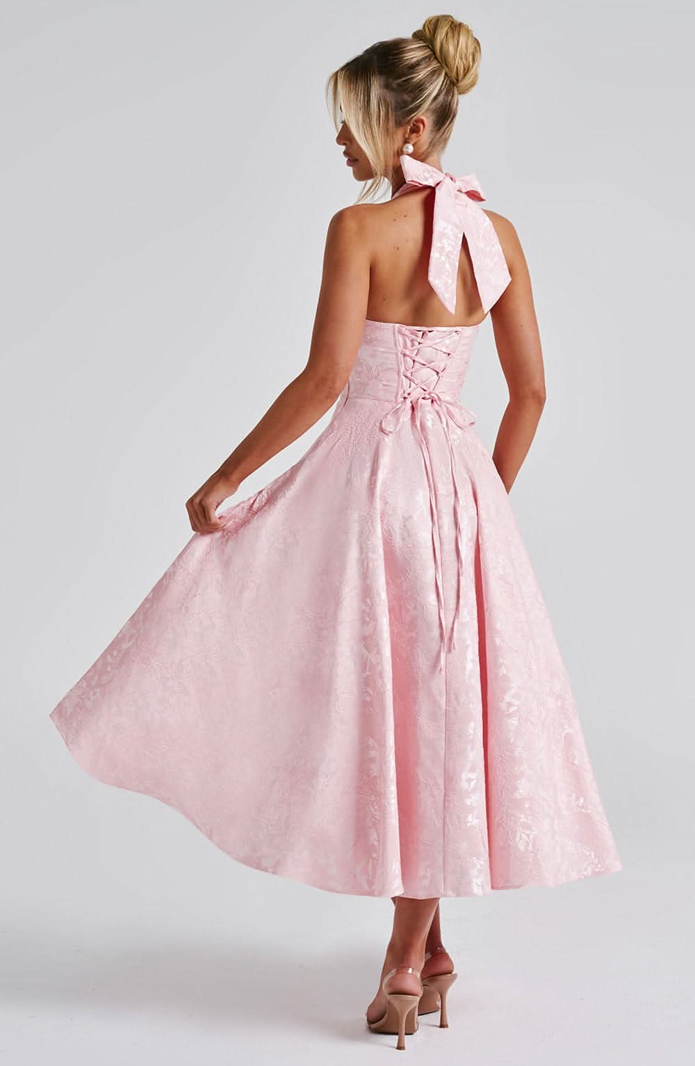 Jacquard Floral Halter Plunging V Corset Bodice Fit and Flare Midi Dress