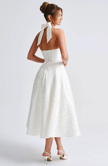 Jacquard Floral Halter Plunging V Corset Bodice Fit and Flare Midi Dress