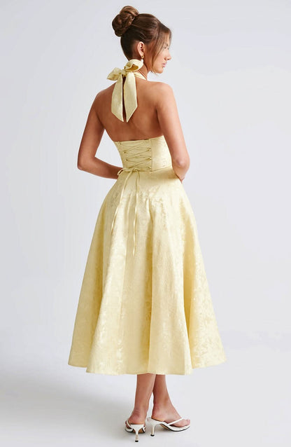Jacquard Floral Halter Plunging V Corset Bodice Fit and Flare Midi Dress