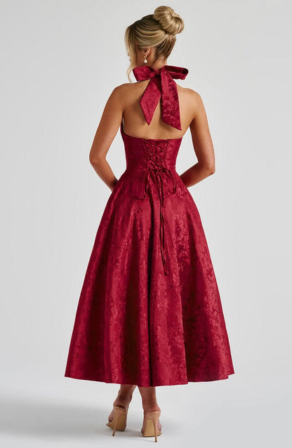 Jacquard Floral Halter Plunging V Corset Bodice Fit and Flare Midi Dress